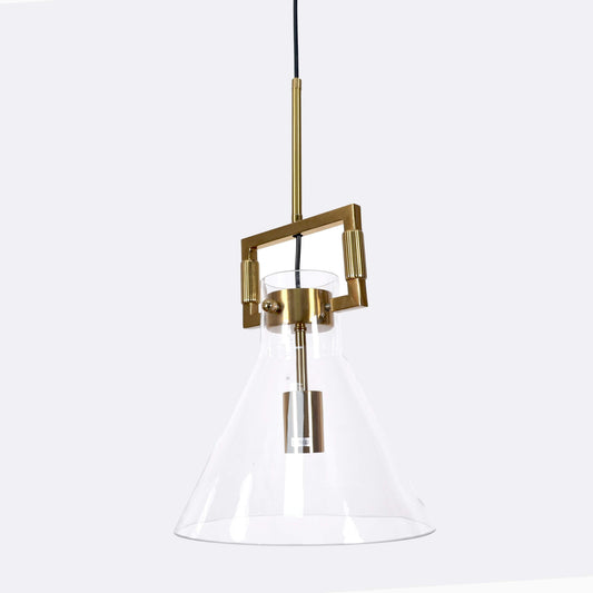 Clear glass bell pendant with gold metal brackets and central bulb