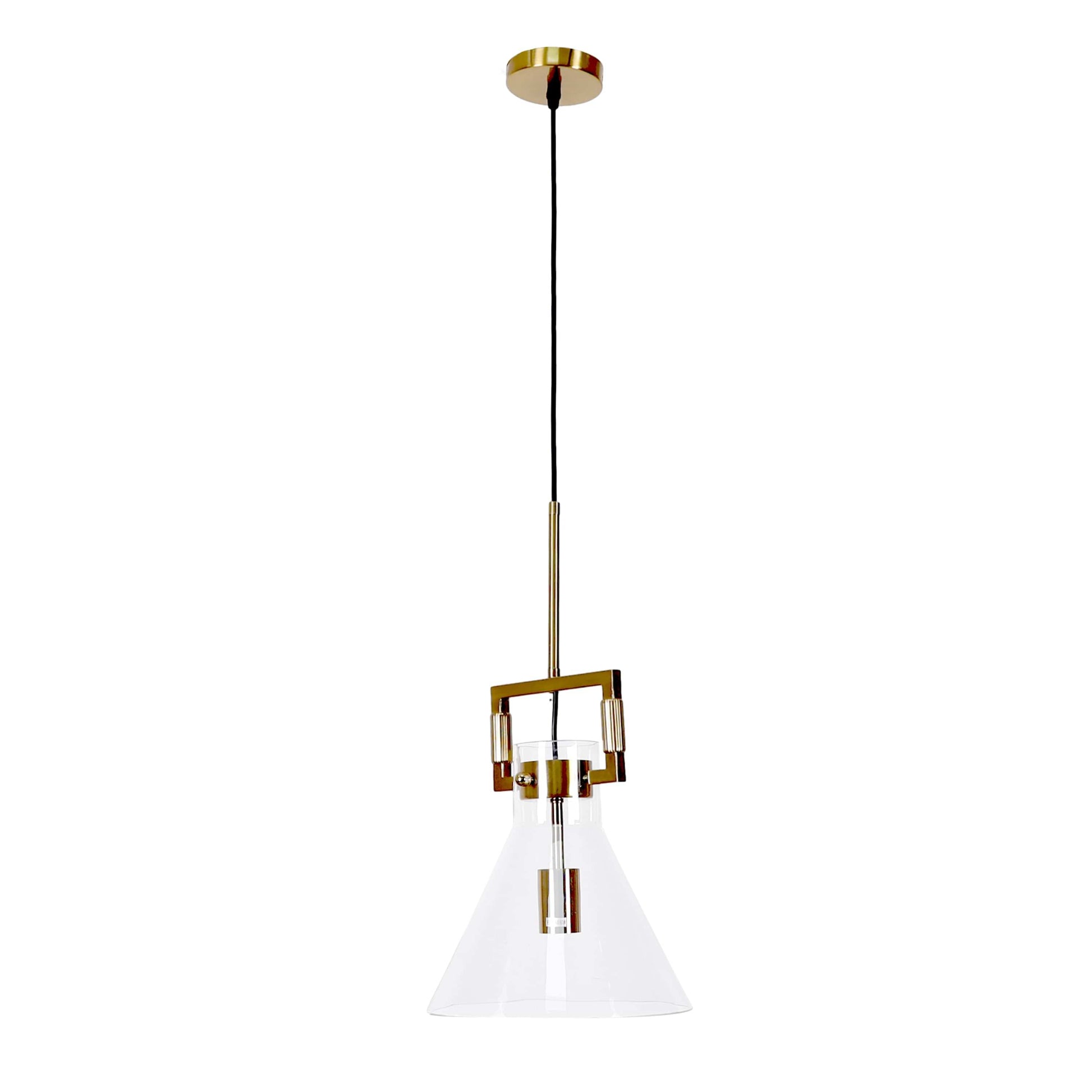 Gold hardware pendant light with clear glass bell shade and geometric frame