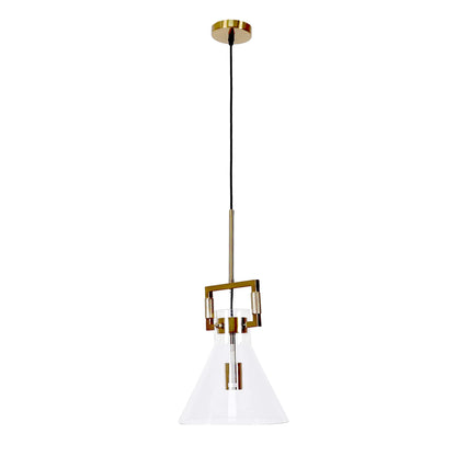 Gold hardware pendant light with clear glass bell shade and geometric frame