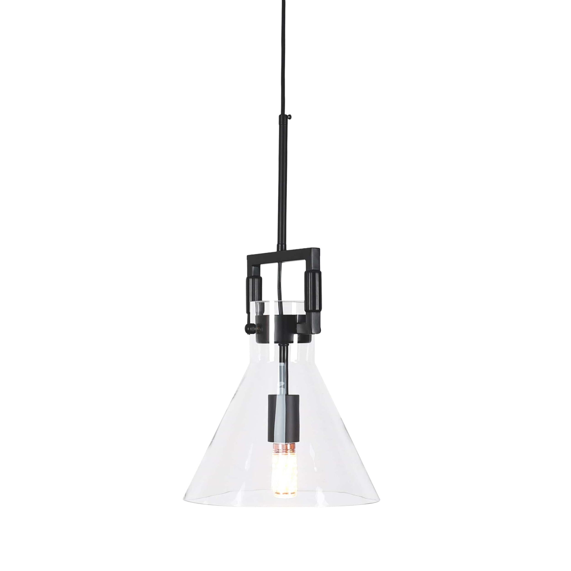 Black-hardware glass pendant light with visible bulb and clear bell shade