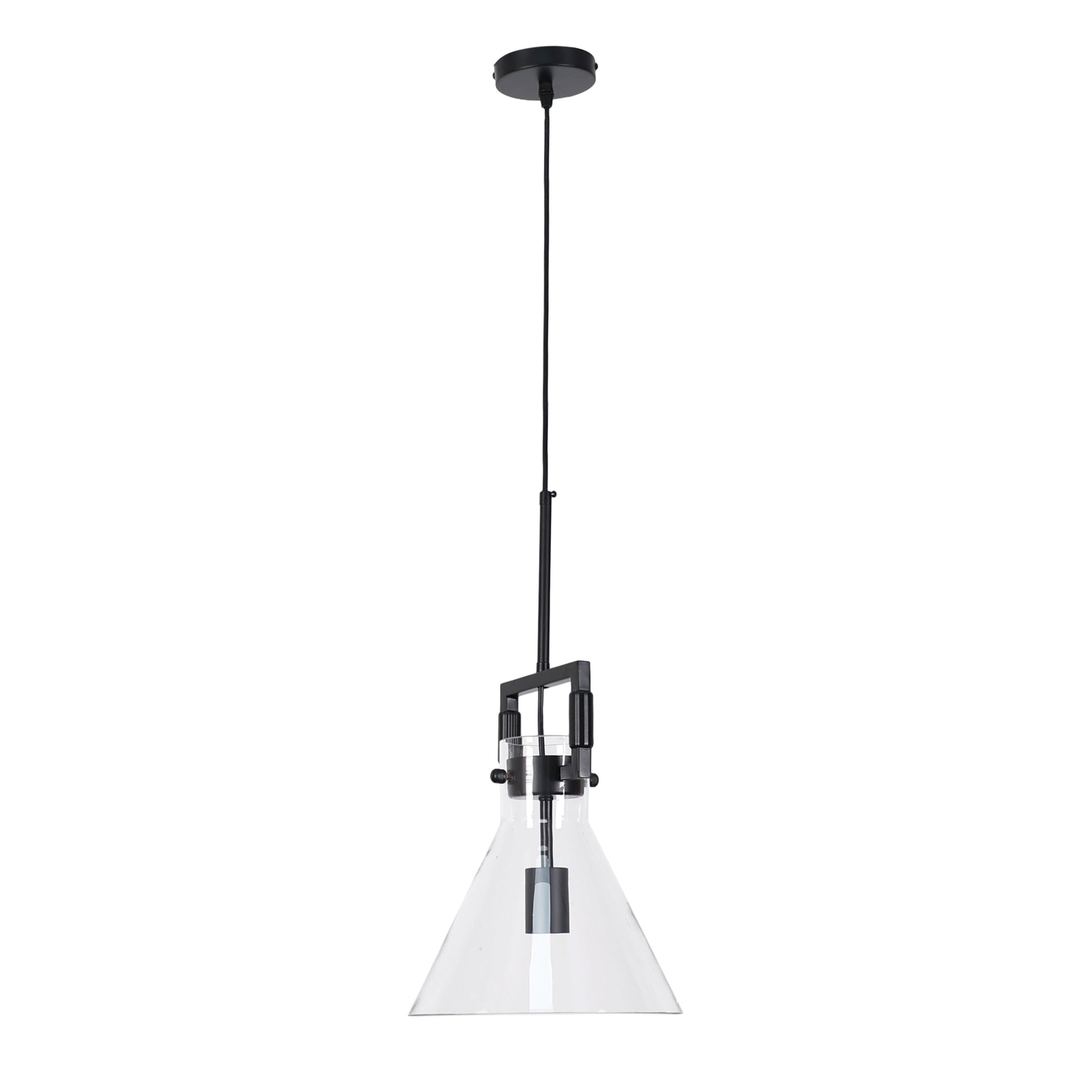 Black-hardware glass pendant light with bell-shaped clear shade and ceiling canopy