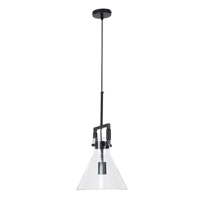 Black-hardware glass pendant light with bell-shaped clear shade and ceiling canopy