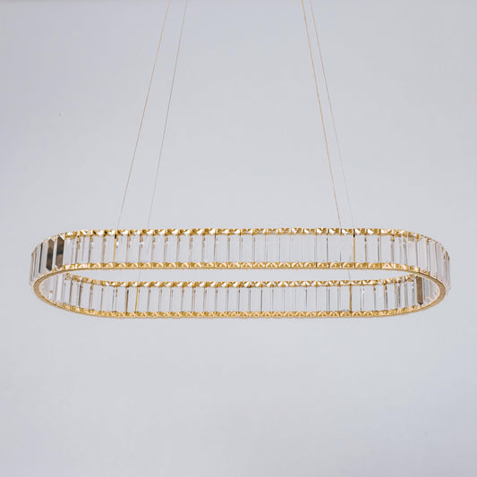 Oval crystal LED chandelier with gold frame and clear vertical crystal bars