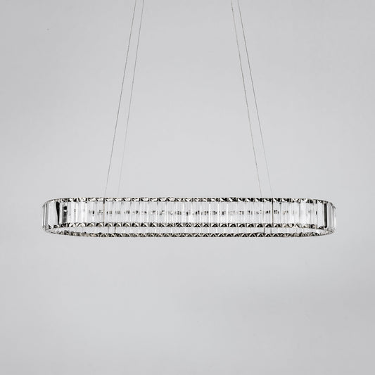 Oval crystal LED chandelier with black hardware, suspended crystal ring light