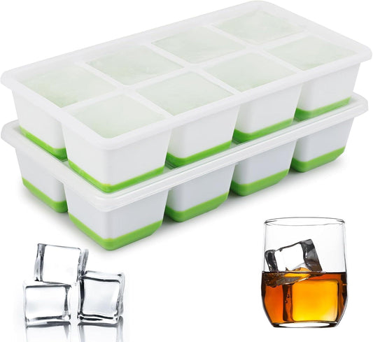 Lidded ice cube tray set with green silicone base, 8 large cube cavities