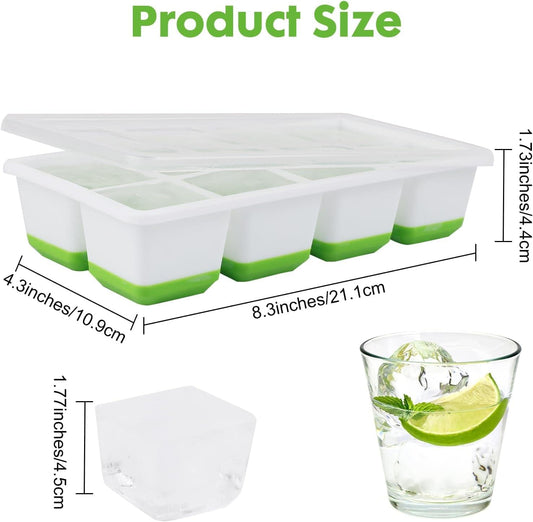 Lidded ice cube tray with green silicone base, shown with size diagram