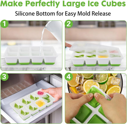 Ice Cube Tray, 2 Pack Large Ice Cube Molds with Lid, Reusable 8-Ice Cube Molds with Bottom Silicone for Freezer, Juices, Whiskey, Cocktails, Coffee (Green)