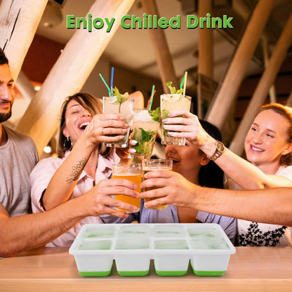 Ice Cube Tray, 2 Pack Large Ice Cube Molds with Lid, Reusable 8-Ice Cube Molds with Bottom Silicone for Freezer, Juices, Whiskey, Cocktails, Coffee (Green)