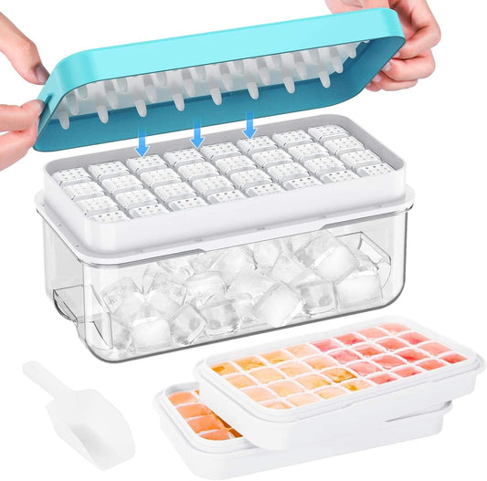 Ice cube mold with lid open, showing grid tray and ice cubes