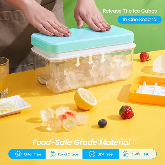 Ice cube tray with turquoise lid, clear bin, and ice cubes inside