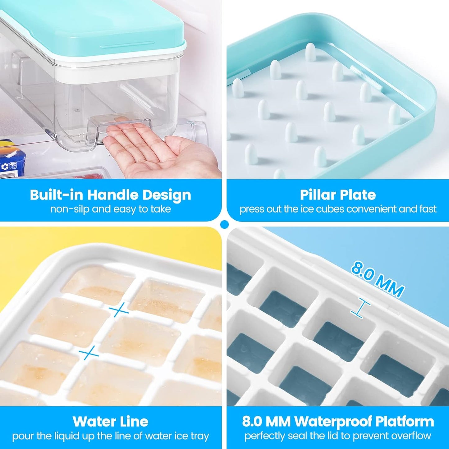 Ice Cube Tray with Lid and Bin, 64 pcs Ice Cubes Molds, Ice Trays for Freezer, Ice Cube Tray Mold, with 2 Trays, Ice Freezer Container, Spill-Resistant Removable Lid & Ice Scoop, for Whiskey,Cocktail