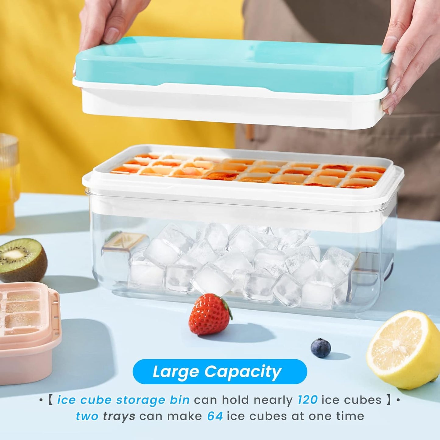 Ice Cube Tray with Lid and Bin, 64 pcs Ice Cubes Molds, Ice Trays for Freezer, Ice Cube Tray Mold, with 2 Trays, Ice Freezer Container, Spill-Resistant Removable Lid & Ice Scoop, for Whiskey,Cocktail