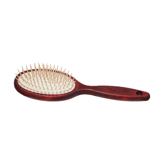 Maroon wooden pin brush with white pins on rounded cushion, ergonomic handle
