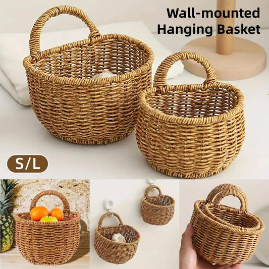 Tan woven storage basket set with arched handles, sized for wall hanging or shelf use