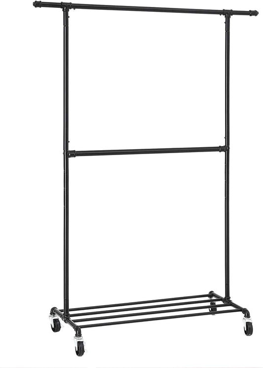 Black double-rod clothing rack frame with bottom shelf and caster wheels