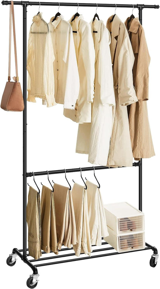 Clothing rack with two hanging bars, lower shelf, and caster wheels