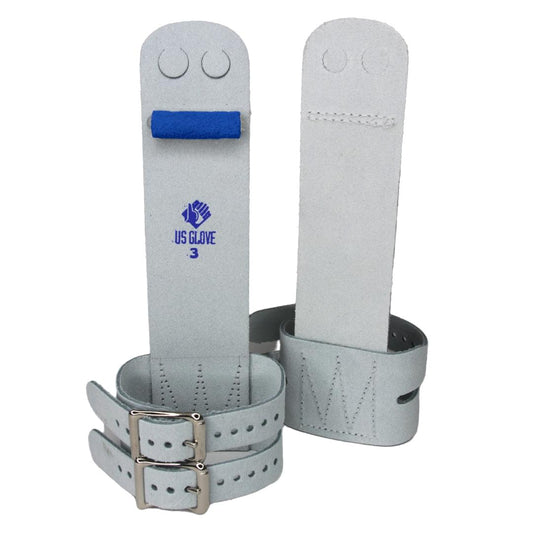 Uneven bar gymnastic grips with light gray straps and metal buckles, blue logo patch