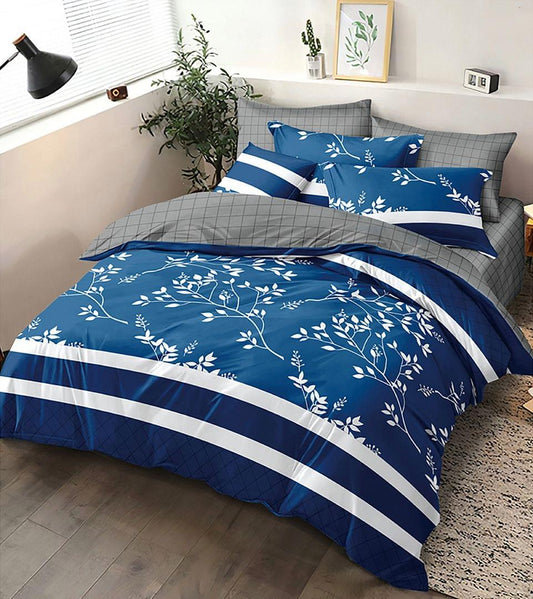 Super king duvet cover set with blue botanical print and wide white striped panel