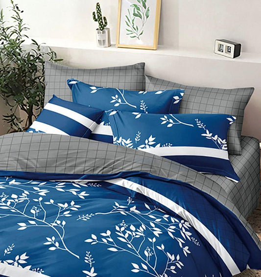 Super king duvet cover set: blue floral with white stripes and matching pillow shams