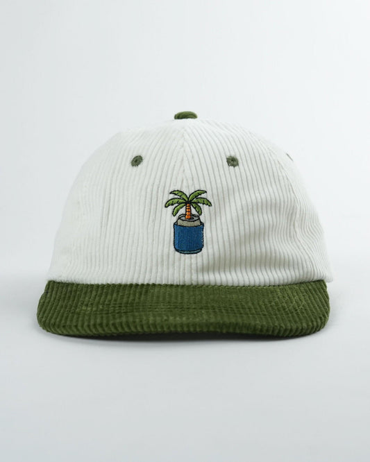 Island Brew lid cap with striped crown, palm tree patch, and dark green brim