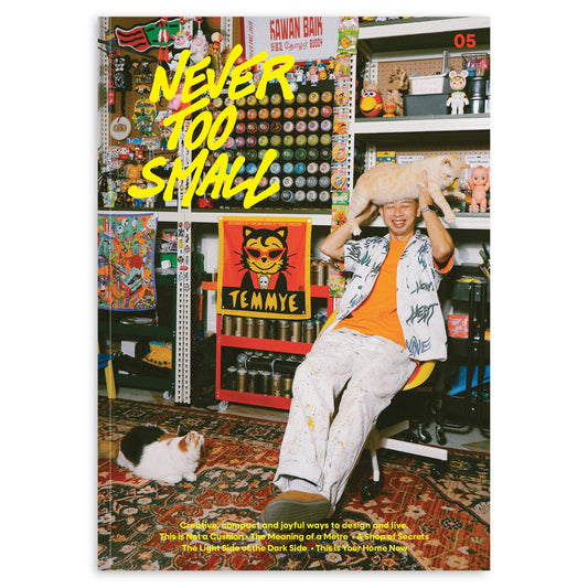 Magazine issue cover with colorful collage, “Never Too Small” title, and a person posing
