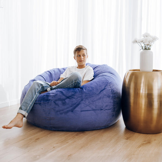 Pierre Fur bean bag in blue-violet fabric, rounded seat cushion