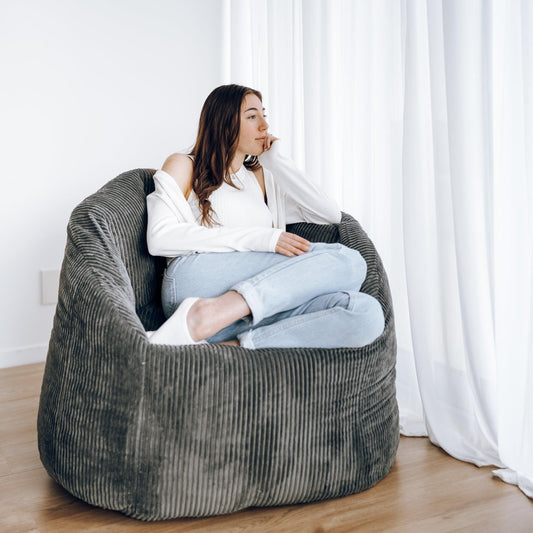 Charcoal corduroy tub chair bean bag cover with wide curved arms
