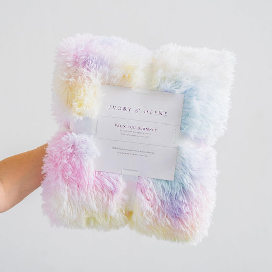 Pastel tie-dye shaggy fur blanket with soft pastel stripes