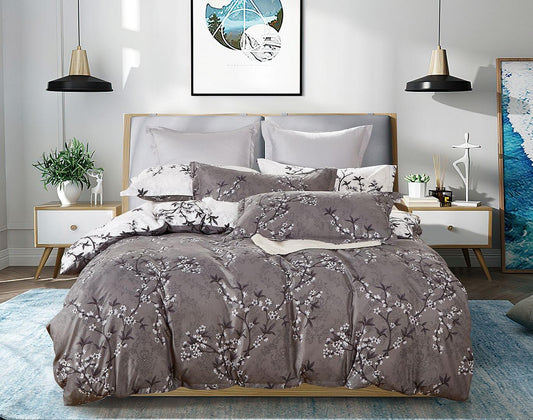 Queen duvet cover set with gray floral pattern and matching pillowcases, floral print