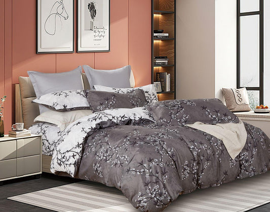 Super king quilt duvet cover set, gray floral bedding with two pillow shams and pillowcases