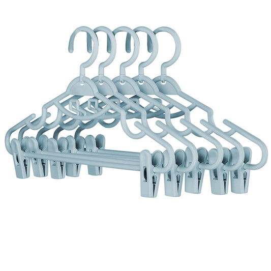 Blue plastic skirt and pants hangers with clips, 5-pack swivel hooks