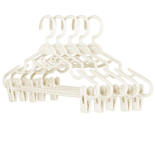 White plastic pants hanger with multiple clips and curved hook