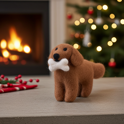 Handmade Wool Felt Golden Retriever Ornament with Bone