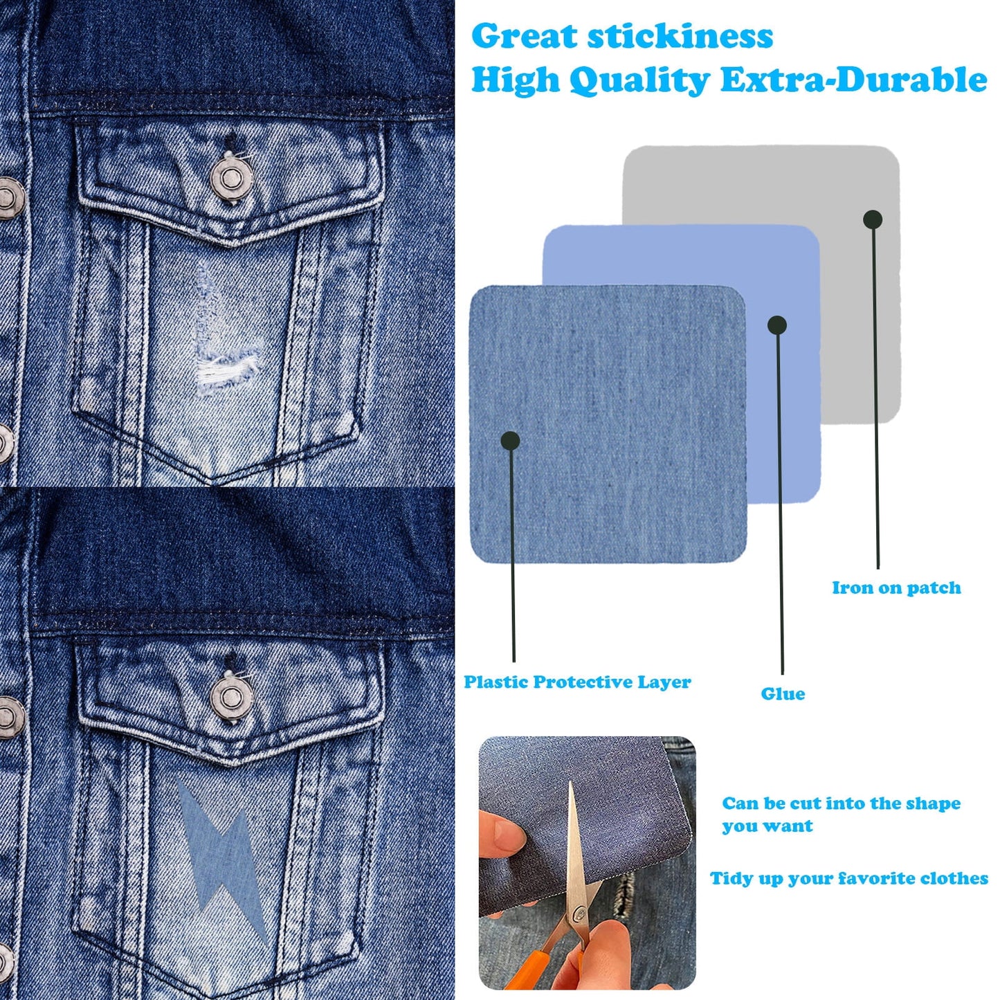 JWDX Hot Clearance! Denim Iron on Jean Patches Inside & Outside Strongest Glue Assorted Shades of Blue Repair Decorating 2.75 Inch, 5-Piece Jeans Patch Small Size (7.5x7.5Cm) Small (7.5x7.5cm), 5 pieces E