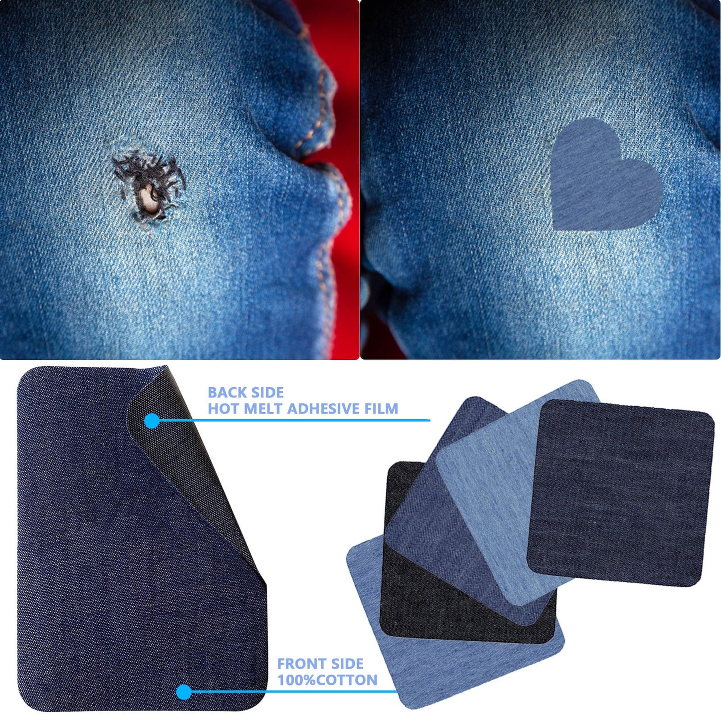 JWDX Hot Clearance! Denim Iron on Jean Patches Inside & Outside Strongest Glue Assorted Shades of Blue Repair Decorating 2.75 Inch, 5-Piece Jeans Patch Small Size (7.5x7.5Cm) Small (7.5x7.5cm), 5 pieces E