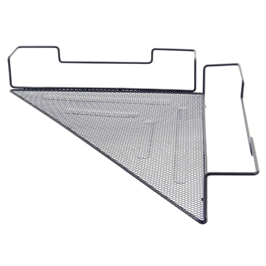 Black wire corner hanging shelf with mesh surface and angled triangular shape