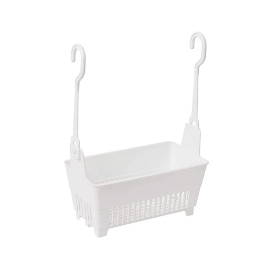 Hanging shower storage basket with two hooks, white plastic drain basket organizer