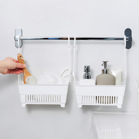 Set of two hanging shower storage baskets on a chrome rail with hook mounts