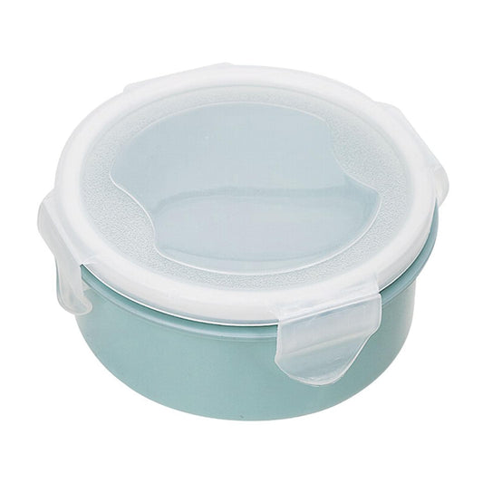 Small plastic bento box with light blue body, clear lid, and side latch handles