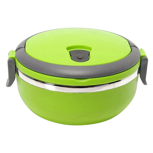 Green round lunch container with gray insulated lid and side grip handles