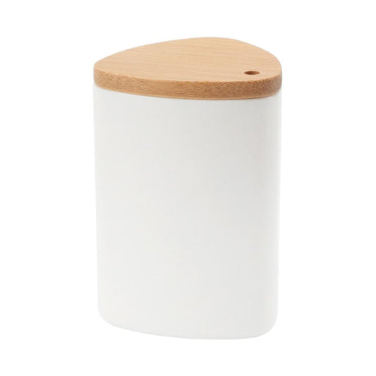 White toothpick storage container with round bamboo lid