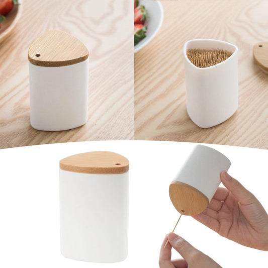 Toothpick holder container: white body with bamboo lid, showing toothpicks inside