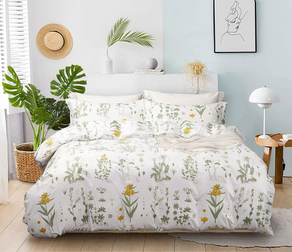 Duvet quilt cover set with white base and green botanical leaf pattern with yellow flowers