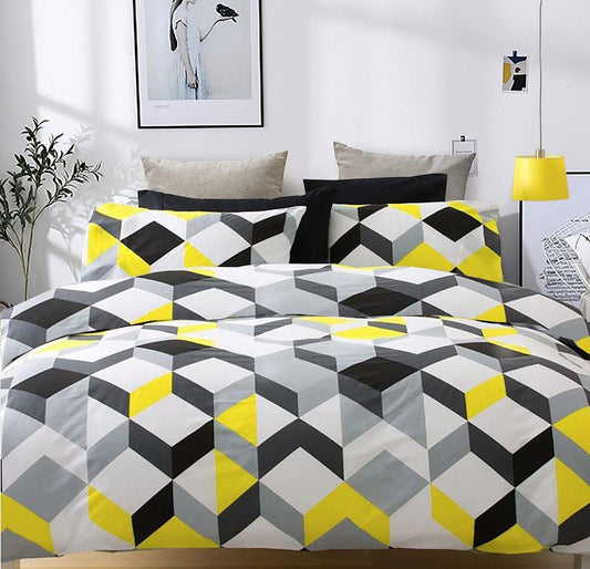 Queen duvet cover set with black, gray, white, and yellow geometric cube pattern
