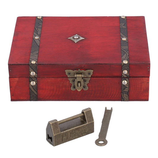 Antique wooden jewelry box with lock, red finish and metal corner studs