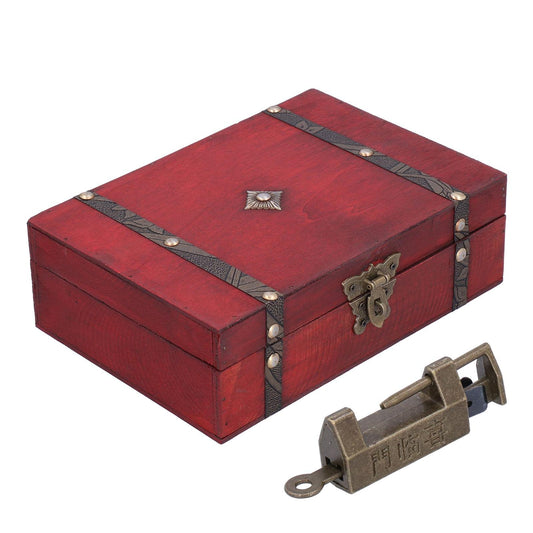 Antique wooden jewelry box with lock, red finish; side view with key slot