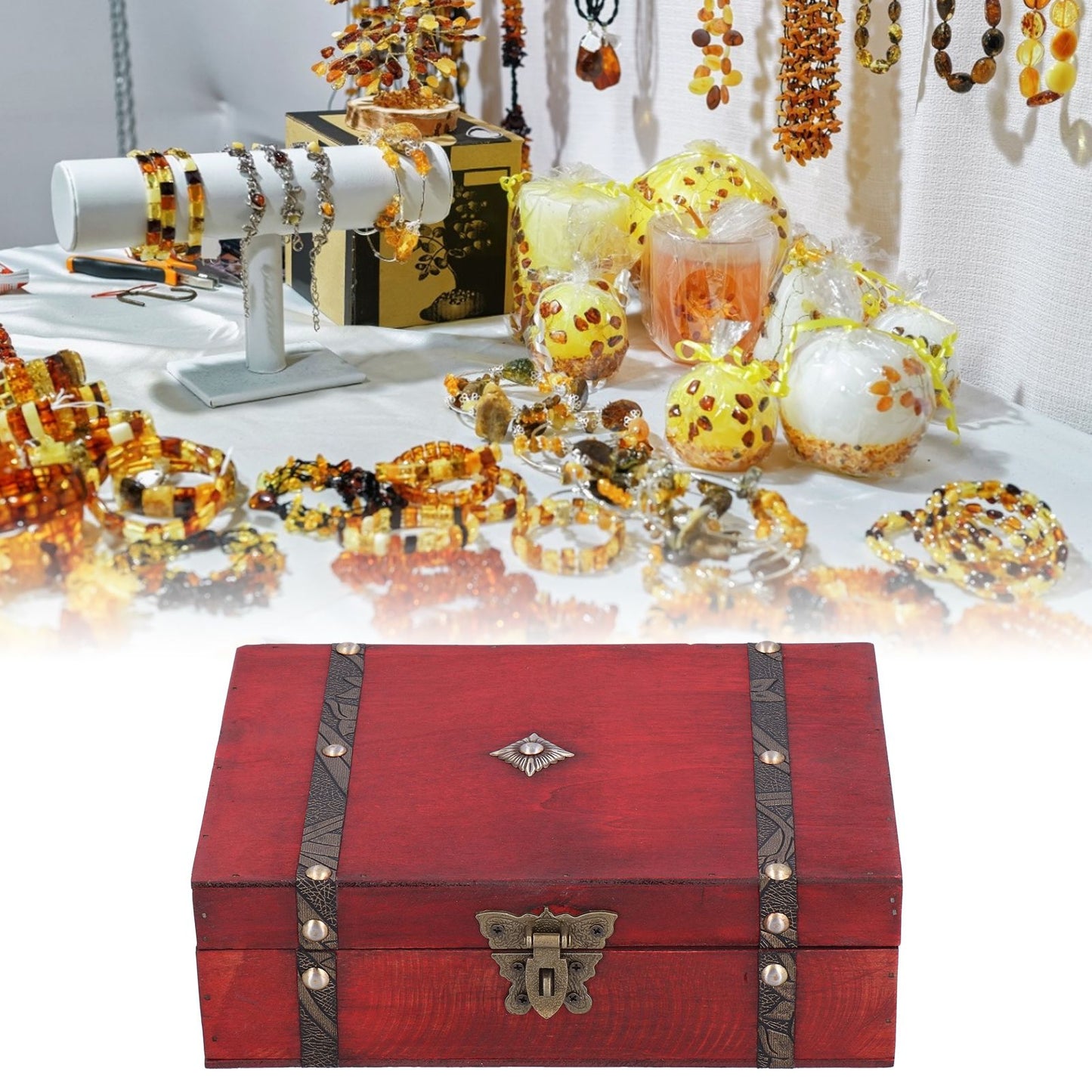 Jewelry Box Antique Wooden Photography Shooting Props Desktop Storage Box with Lock