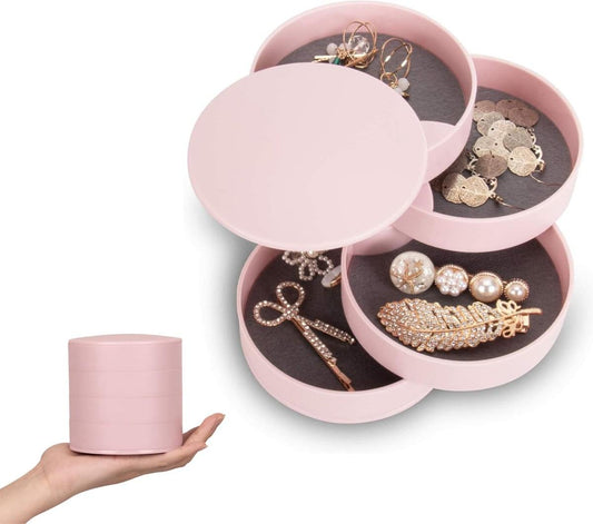 Pink 4-tier round jewelry box with hinged lid and tiered compartments