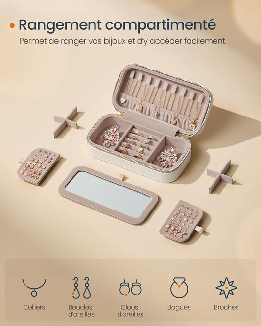 White jewelry organizer box, open to show compartments with a built-in mirror.