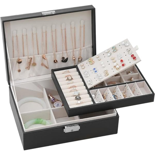 Black PU leather jewelry storage box with open lid, ring slots, necklace hooks, earring display